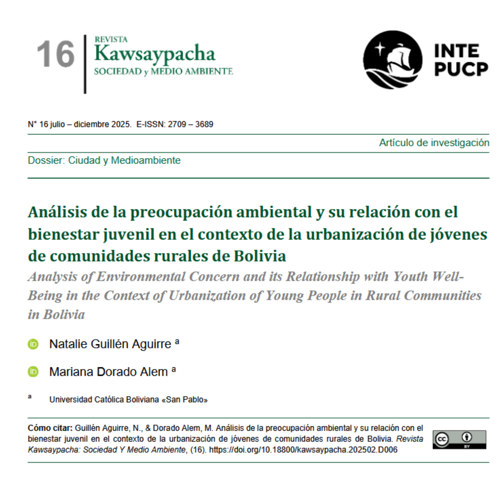 Análisis de la preocupación ambiental y su relación con el bienestar juvenil en el contexto de la urbanización de jóvenes de comunidades rurales de Bolivia