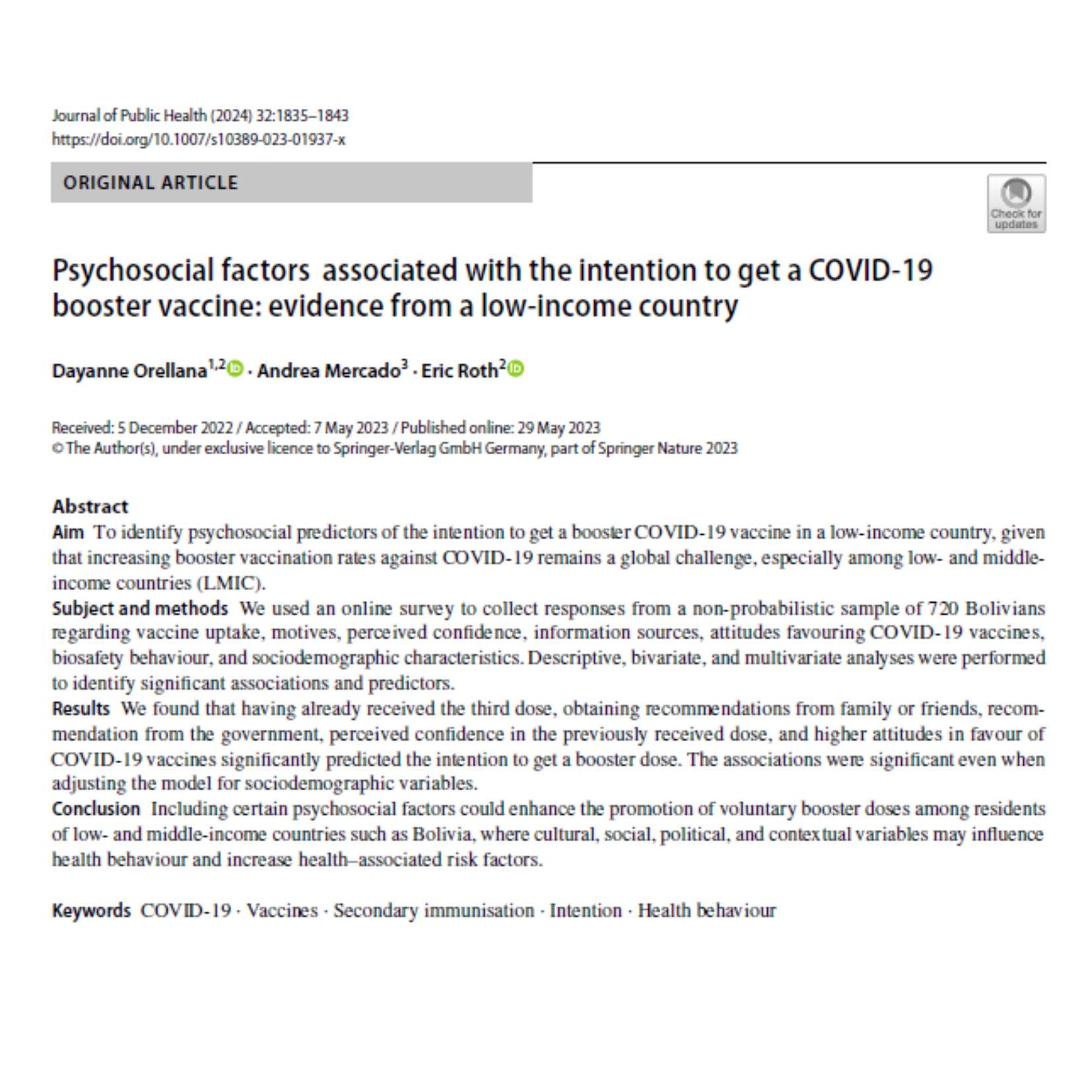 Psychosocial factors associated with the intention to get a COVID-19 booster vaccine: evidence from a low-income country