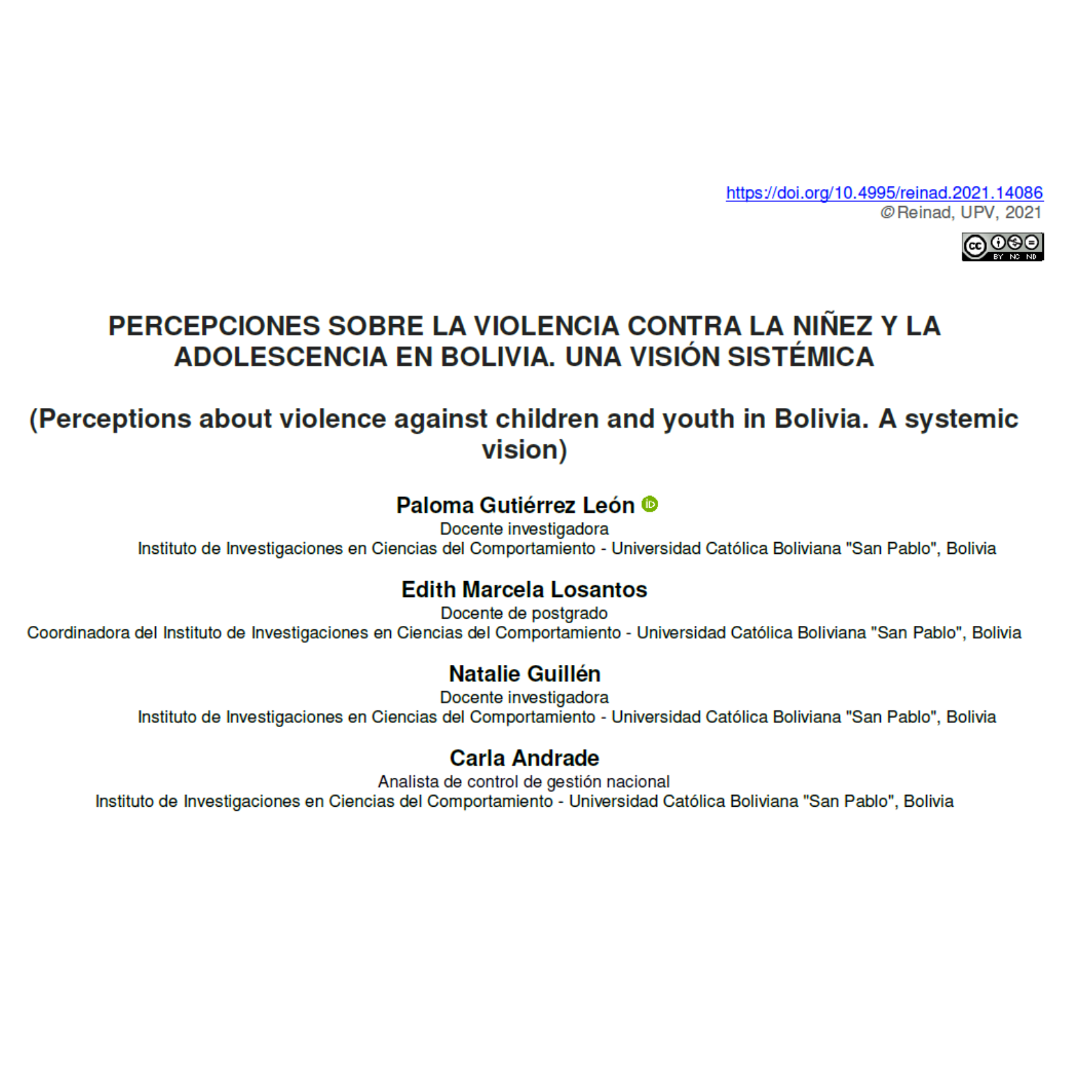 Percepciones sobre la violencia contra la niñez y la adolescencia en Bolivia. Una visión sistémica